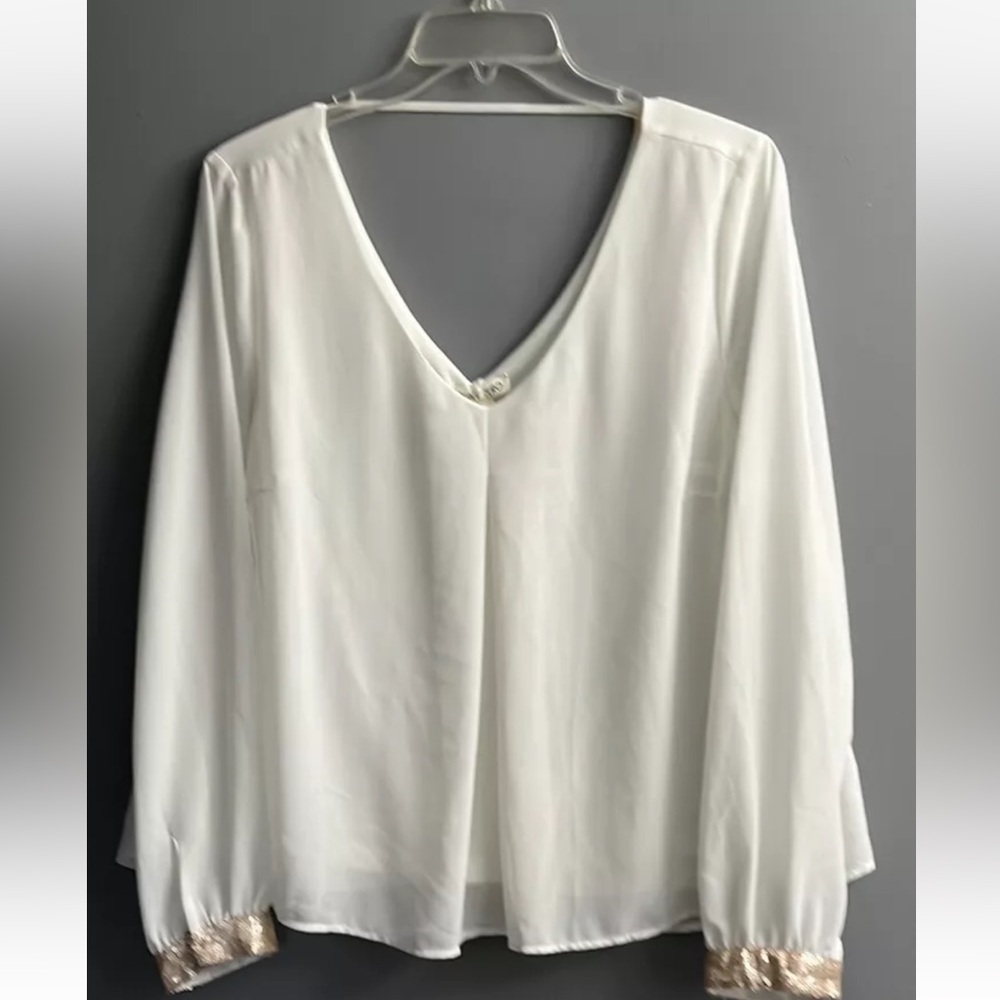 Double Zero Dressy Blouse, V-Front & back, Cream, Sequin Trim Cuffs, Size Large